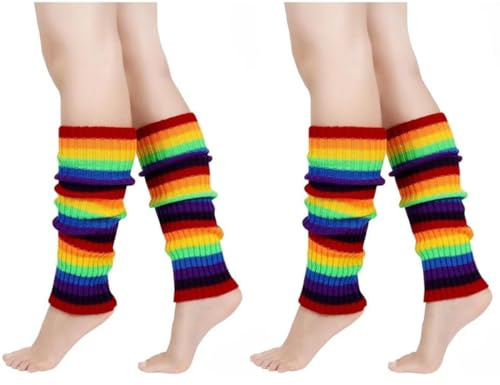 AKAMAS 2 Paar Damen Bunt Gestreifte Beinstulpen,Regenbogen Streifen Stulpen,Warm Winter Gestrickte Beinwärmer für Frauen,80s Jahre Party Kostüm Zubehör,LGBTQ Pride Stulpen,Baumwolle Kniewärmer C