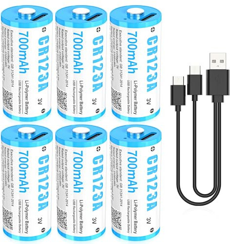 CR123A 3V Lithium Batterie, 6 Stück 3V Wiederaufladbare USB Lithium Akku, bis zu 3000 Zyklen mit USB-C-Ladeanschluss, Schnellladung in 2 Stunden, 123A Batterie 700mAh für Türschloss Fingerabdruck etc.