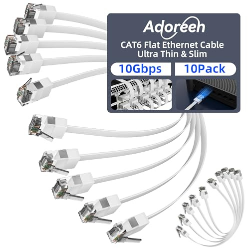Adoreen Cat 6 Flat Ethernet Cable 4 Ft/10 Pack, High-Speed Internet Network Cable with Low Profile&Compact RJ45 Connector, Thin Slim Flexible Short Patch Cord, 10Gbps, POE for Cat6 Cat 5e 5, White