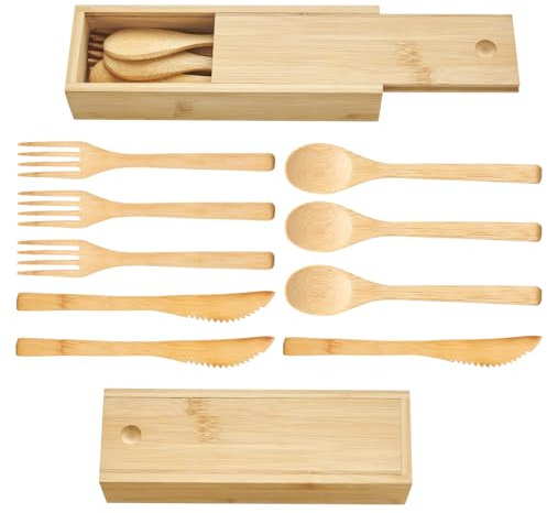 Wuhonghao Couverts en bambou avec étui, couverts de voyage, couverts de voyage pour 3 personnes, couverts en bois de camping réutilisables pour les déplacements, durables et portables de 20 cm