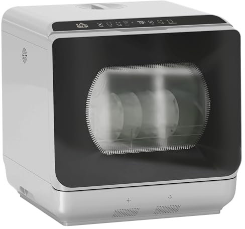 HOMCOM Table Top Dishwasher, Mini Countertop Dishwasher No Plumbing with Built-in 6L Water Tank, 6 Programs, Touch Control, LED Display, 4 Place Settings, Dual Water Supply and Fruit Wash, Silver Tone