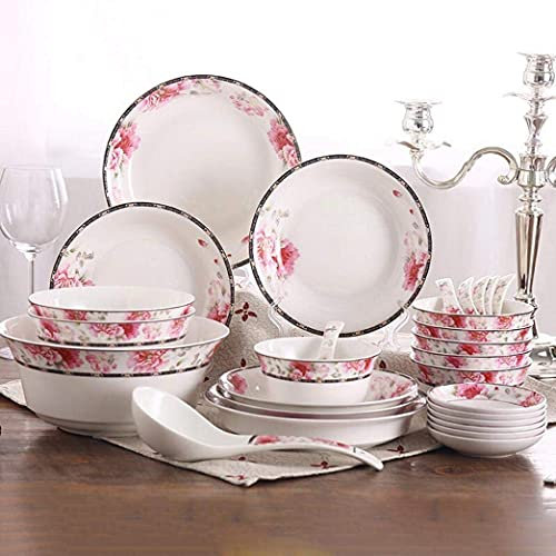 SGKOMN Piatti Eleganti, Set da tavola Resistente, stoviglie in Porcellana, Set da tavola in Ceramica con Motivo Floreale, Piatti e Ciotole, Combinazione per Feste in famig