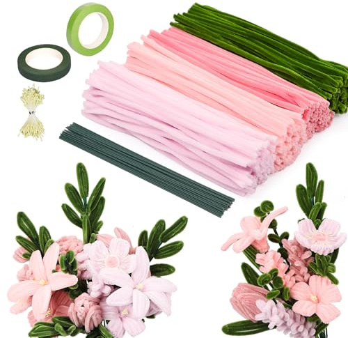320 Stück Pfeifenreiniger Blumen Rosa Grün Tulip Bouquet, Pfeifenputzer zum Basteln 30cm, 4 Farben Pipe Cleaner Flower Set, Biegeplüsch Chenilledraht mit Blumendraht,Blumen Staubblatt für DIY Bastel