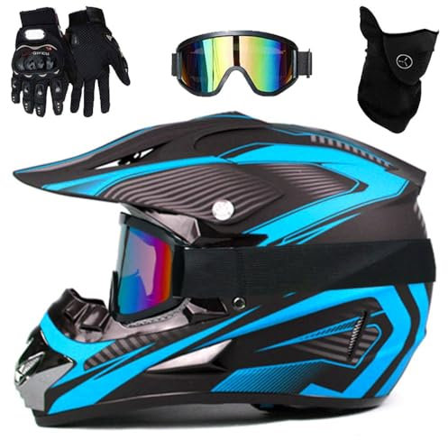 Ensemble de 4 Casques de Motocross Pour Jeunes Enfants, Avec Lunettes, Gants, Masque, Casque de Protection IntéGral, BMX, Descente, VTT, Quad(125 blue new flower,S(52-53cm))