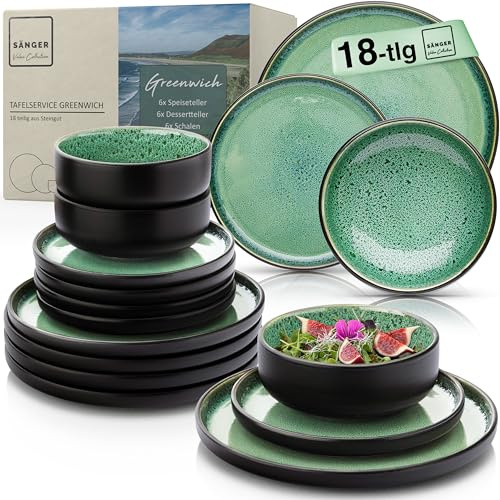 SÄNGER Greenwich Steingut Geschirr Set 18 tlg, Teller Set 6 Personen | Geschirrset 6x Speiseteller 6x Dessertteller 6x Schalen, Tafelservice grün, kratzfest, Essgeschirr