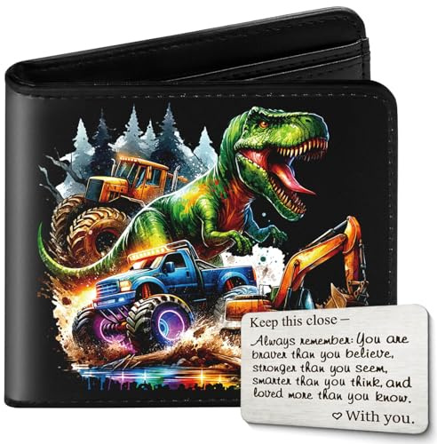 Kids Wallet for Boys with Card, Teen Boys Wallet for Kids Ages 4-5-6-7-8-9-10-11-12-13-14-15-16, Leather Wallet for Teen Boy, Dinosaur Monster Truck Teenage Teenager Youth Gifts Christmas Birthday
