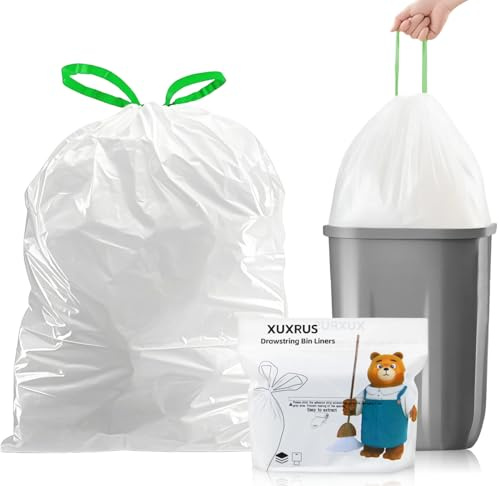 XUXRUS Bolsas de basura de 35 litros con cordón, resistentes a desgarros, bolsas de basura para cocina, bolsas de basura grandes, gruesas, color blanco, 30 unidades