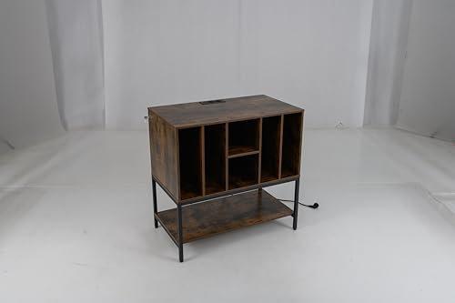 COSTWAY Soporte para Tocadiscos con Estación de Carga, Soporte para Tocadiscos con Almacenamiento de Vinilos, Mesa Auxiliar para hasta 150 Álbumes, Estante de Exhibición de Vinilos, Marrón Rústico