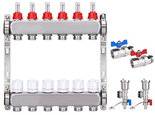 Edelstahl Heizkreisverteiler für Fußbodenheizung [6 Heizkreise, Entlüfter 1/2, 2X Kugelhähne 1] Verteiler mit Durchflussmesser (0.5-5 L/Min), Anschlüsse für Eurokonus 3/4