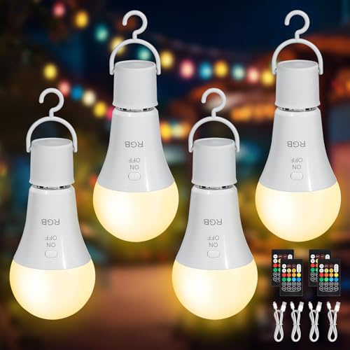 Kimjo E27 Lampadina Ricaricabile Con Telecomando, 3 Colore & RGB, 4 Pezzi | Lampadina LED Batteria, Luminosità Regolabile, Senza Fili, Touch Control, Funzione Temporizzazione, Luci Di Emergenza