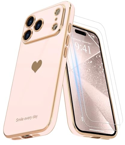Teageo Mobilskal, kompatibelt med iPhone 17 Pro, med 2 skyddsfilmer, för flickor, stylingskal med hjärta, skyddsfodral av galvaniserad, mjuk TPU, med kameraskydd, reptåligt telefonfodral, ljusrosa