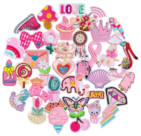 40 parches de color rosa para planchar, dibujos animados, bordados, flores, textiles, costura, apliques para niñas, chaquetas, vaqueros, sombreros, bolsos, ropa, pantalones, gorros, zapatos, camisetas