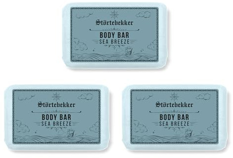 Störtebekker® Premium Body Bar Sea Breeze | Fast duschgel män | Fast duschtvål män & kvinnor | Naturlig rengöring, underbar doft | handgjord och utan tillsatser (3 x 120 g)