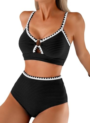 Herseas Women's Textured Black Bikini Sets 2026 Summer Push Up V Neck Popular Swim Suits O Ring 2 Piece Whip Stitch High Waisted Bathing Suits Modest Cruise Essentials Large