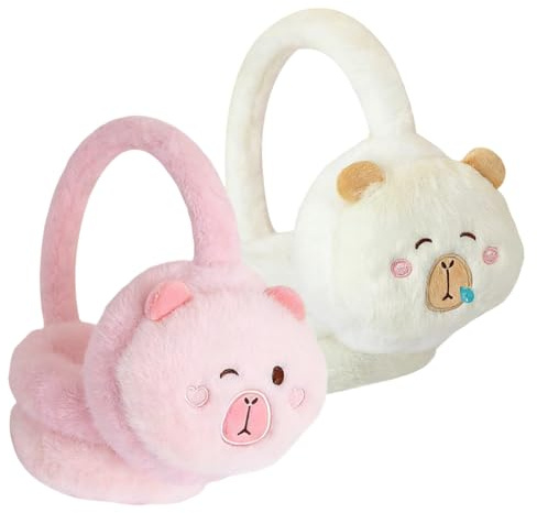 JynkChrenzic Kids Earmuffs for Girls 3-10 Years - 2Pcs Adjustable Winter Warm Plush Ear Muffs for Toddler to Teen, Knit Ear Covers Hands Warmer for Skiing & Outdoor Activities (Pink & White Capybara)