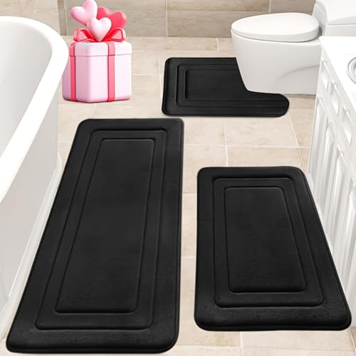 Jyswx Lot de 3 tapis de salle de bain en mousse à mémoire de forme - Antidérapant et absorbant - Lavable - Doux et à séchage rapide - Pour douche, toilettes et baignoire - Noir
