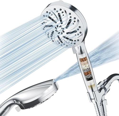 Filtro soffione doccia con 15 livelli, 10 modalità di spruzzo, doccetta ad alta pressione, risparmio d'acqua fino al 50%, rimuove il calcare e il cloro, per acqua e pelle più morbide, include tubo da