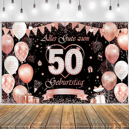 Tasoraor Deko 50. Geburtstag Hintergrund Frauen - Schwarz Roségold Geburtstagsdeko 50 Jahre Banner, Polyester Stoff Extra Große Geburtstagsbanner für Partydeko Wandbanner 110 x 180 cm