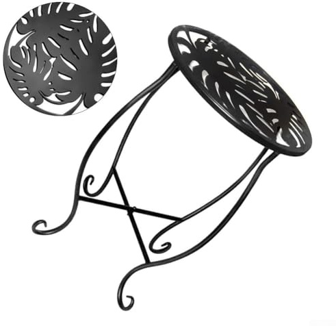 Supporto per piante in ferro nero, per esterni, patio, giardino e balcone, rotondo, monostrato, design Monstera, salvaspazio, 38 cm