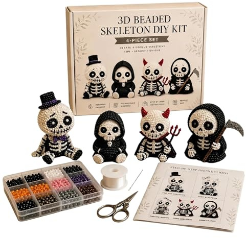 3D Perlen Skelett DIY-Kit, Kleines 3D Perlen Schädel Skelett Bastelset und Anleitung, Tiny Beading World 3D DIY-Kollektion, Süßes 4er-Set DIY Skelette Perlenset 2026 (02)