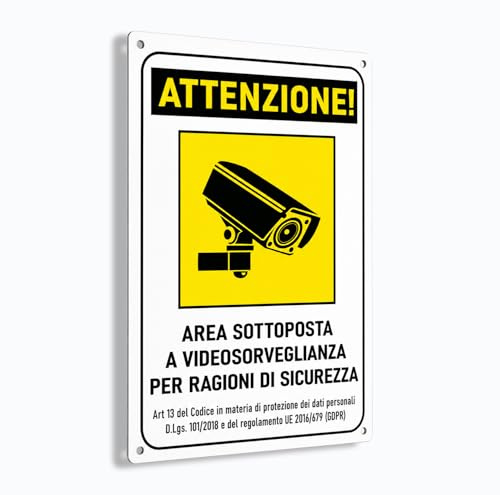 Longivia Cartello Area Videosorvegliata in Alluminio 20cm x 15cm | Spessore 1mm con Adesivo e 4 Fori| Per esterno ed interno | Conforme GDPR per Telecamere di Videosorveglianza