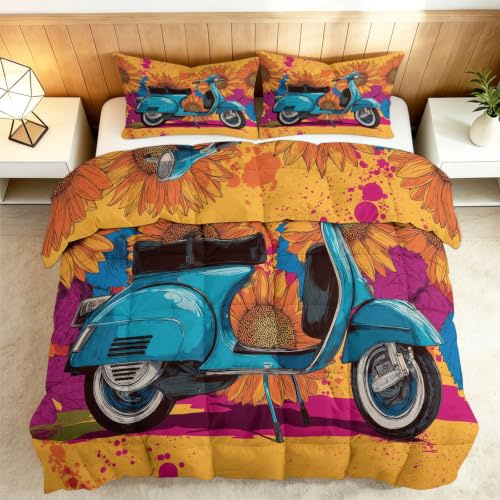 Srigzcaly Trapunta 135 x 200 cm Scooter retrò blu per letto singolo Edredon pastorale reversibile 4 stagioni, coperta traspirante e morbida per adolescenti, piumino senza fodera