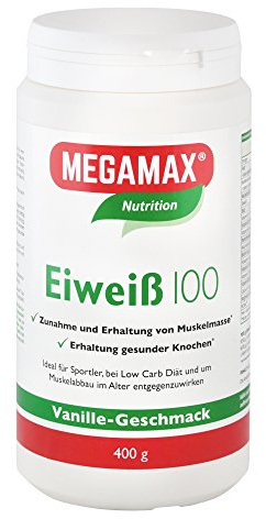 Megamax Eiweiss Vanille 400 g | Molkenprotein + Milcheiweiß Für Muskelaufbau ,Diaet | 2k-Eiweiss ideal zum Backen | hochwertiges Low Carb Shake | aspartamfrei Protein-pulver mit Aminosäure