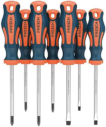 Presch Profi Schraubendreher Set 7tlg - Magnetischer Schraubenzieher Satz mit Schlitz und Kreuzschlitz PH, PZ, SL - Hochwertiger, mit gehärteten Spitzen