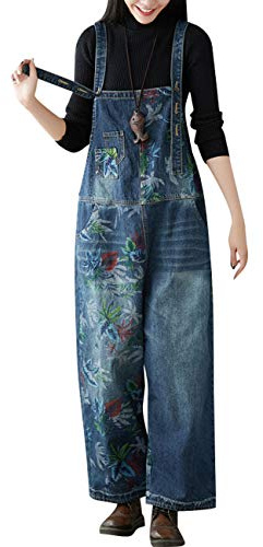 Youlee Femmes Jambe Large Combinaisons en Jean Rétro Décontractée Salopette Style 3 Dark Blue