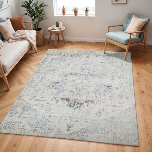 Livabliss Tampa Vintage - de Salon, Salle à Manger, Chambre, Cuisine - Boheme Chic, Design Traditionnel Oriental Multicolore, Coloré Poil Court 160x213 cm - Ivoire, Bleu, Gris