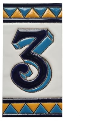 Chiffres de maison en céramique, lettres et cadres, motif espagnol orange et bleu, dimensions du carreau : 11 cm H x 6 cm, taille du cadre : 2 à 13 carreaux (numéro 3)