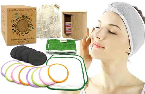 Dischetti struccanti riutilizzabili, ecologici, Morbidi e lavabili, Scatola con dischi di bambù, salviette, cerchietto e borsa per il lavaggio
