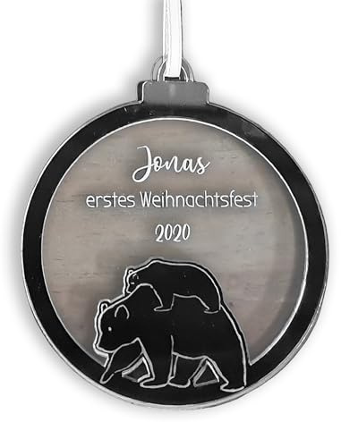 Personalisierte Weihnachtskugel mit Name - Mein erstes Weihnachten Kugel Baby Baumschmuck BÄR - Acryl-Glas (Silber)