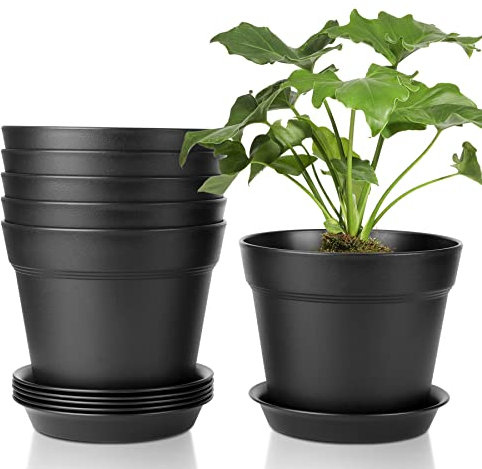 T4U 17.5CM Plastic Plant Pots 6-Pack, Large Flower Planter with Drainage Hole and Saucer, Classic Indoor Outdoor Black Plant Pots for Orchid, Penoy, Rose, Snake Plant, Aloe, Tulips, Peace Lily