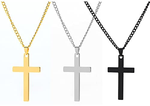 Clyhon 3 Stück Edelstahl Kreuzanhänger mit Halskette für Herren Damen Kreuzanhänger mit Halskette Kreuz Anhänger Halskette Einfache Kreuz Halskette Religiöses Gebet Kreuz-Anhänger Silber Gold Schwarz