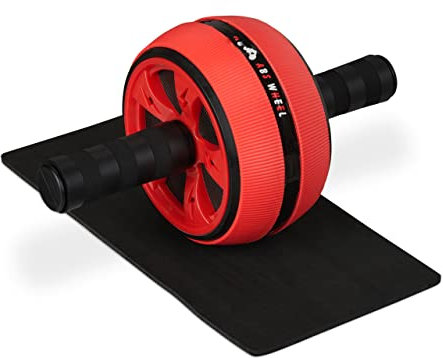 Relaxdays Bauchroller, Bauchtrainer für Zuhause, Damen & Herren, rutschfest, Fitnessrolle mit Kniematte, schwarz/rot