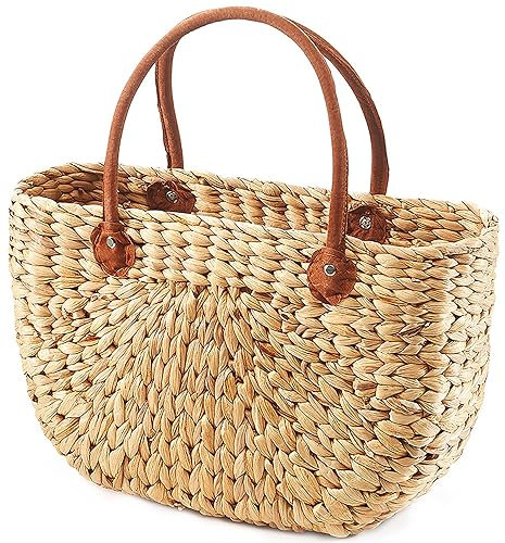 Kobolo Tasche Wasserhyazinthe, 39x16x45 cm, braune, geflochtene Henkeltasche mit robusten Kunstlederhenkeln, ideal als Einkaufstasche, Strandtasche oder modisches Accessoire für Alltag & Freizeit