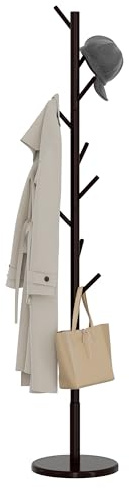 Bamdibola Wooden Freestanding Coat Tree with 4 Height Options and 9 Hooks, Sturdy Coat Rack Stand for Clothes/Bags/Hats, Save Space Coat Rack for Entryway, Bedroom, Office, Narrow Place (Coffee)