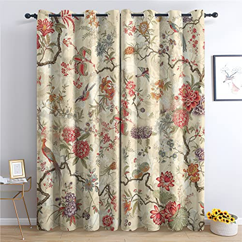 TAKUAN Rassisch Vorhänge Blume Vogel Anlage Muster Verdunklungsvorhänge, Vorhang Blickdicht mit Ösen Gardinen Wohnzimmer Schlafzimmer Kinderzimmer Dekoration 2er Set-220 x 140 cm (H X B)