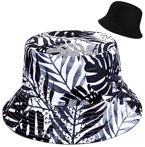 Fischerhüte Doppelseitig Reversibel Fischerhut Faltbarer Unisex Fishermütze für Wandern Camping Reisen Angeln, Schwarz und Weiß Kokosnussbaum Druck (56-58cm)