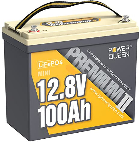 power queen 12V 100Ah Mini LiFePO4 Batterie, Kleiner & Leichter Lithium Batterie mit 100A BMS und Klasse A Zellen, 15000 Zyklen & 10 Jahre Lebensdauer für Wohnmobil, RV, Off-Grid System