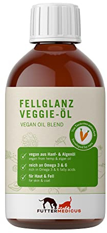 Futtermedicus Aceite vegano de pelo brillante, 250 ml, mezcla de aceites veganos para perros y gatos, también apto para alérgicos, rico en ácidos grasos omega-3 esenciales EPA y DHA
