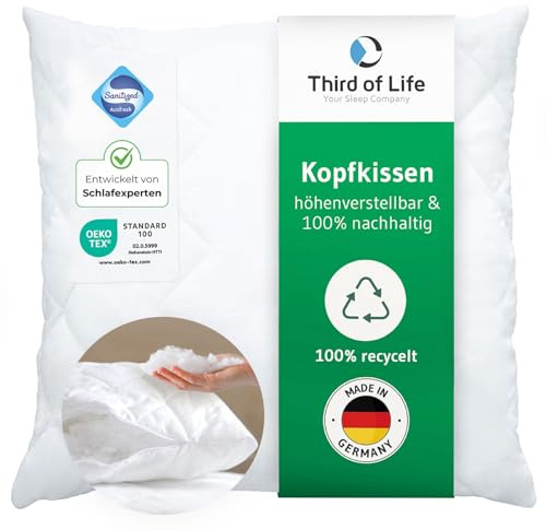 Kopfkissen 60x60 VERDA made in Germany, 100% nachhaltig, Ergonomisches Schlaf-Kissen 60 x 60, Polster aus recycelten Fasern, Höhenverstellbar für Bauch-, Rücken-, Seitenschläfer, Ideal für Allergiker
