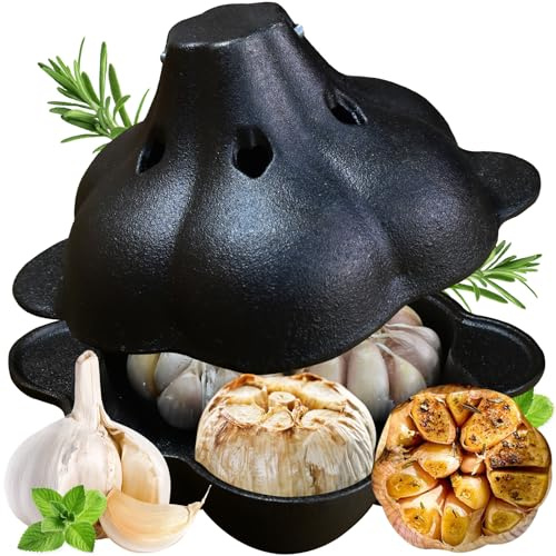 AOKDEER Rôtissoire à ail en fonte pré-assaisonnée, grande cocotte, rôtissoire à pommes de terre cuites au four avec couvercle pour camping, barbecue ou four, poêle à griller en fonte pour huîtres et