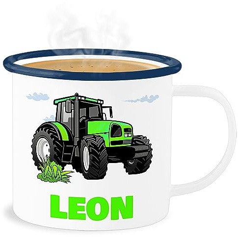 Emaille Becher Blechbecher - Geschenk Traktor mit Name personalisiert I Trecker Fan I Zugmaschine I Bulldog I Schlepper - 300 ml - Weiß Blau - personalisierte tasse kita traktoren tractor
