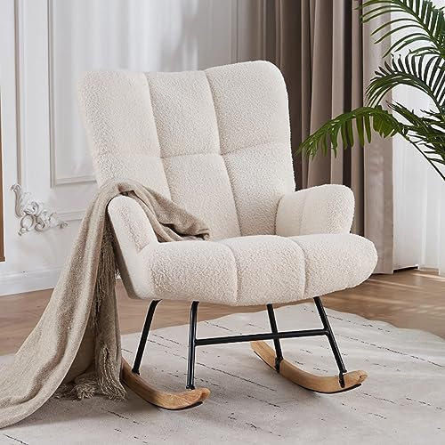SHENJIA Indoor Schaukelstuhl Stillen, Skandinavischer Weiß Schaukelsessel Samtartiges 35x 28x 37 Weiß Erwachsene Gemütliche Lesesessel + Kleine Kopfstütze, Für Wohnzimmer Schlafzimmer