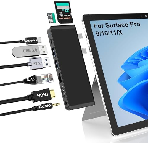 Surface Pro 11 Zubehö mit 4K HDMI, USB-C Thunderbolt 4 (8K@30Hz Video+40G Daten+100W PD), 100M RJ45, 2 USB 3.0, SD/TF Kartensteckplatz, 3.5mm Audio, Triple Display für Surface Pro 9/10/11/X