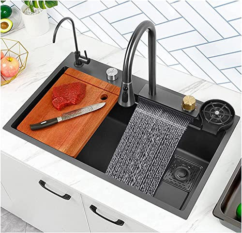 Spüle Home Küchenspülen 27/29,5 Zoll Schwarzes Wasserfall-Küchenspülbecken Drop-in-Waschbecken, 304 Edelstahl Nano Raindance Große Einzelbecken-Arbeitsplatzspülen für den Bauernhof
