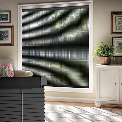 HOTSOON 100% Privacy Aluminum Mini Blinds for Windows Cordless Room Darkening Venetian Blinds Anti-UV Waterproof 1 L-Shaped Slats Horizontal Shades for Home, Black, Custom Size