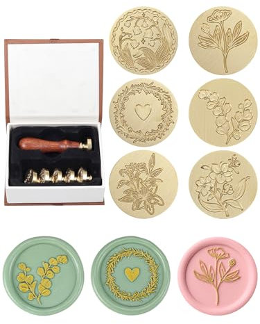 Filhome 6 Stück Siegelstempel Set Wachsstempel Kit Pflanze Blume Siegelwachs Stempel Kit mit 6 Abnehmbaren Messingköpfen & 1 Holzgriff für Geschenkumschläge Einladungen